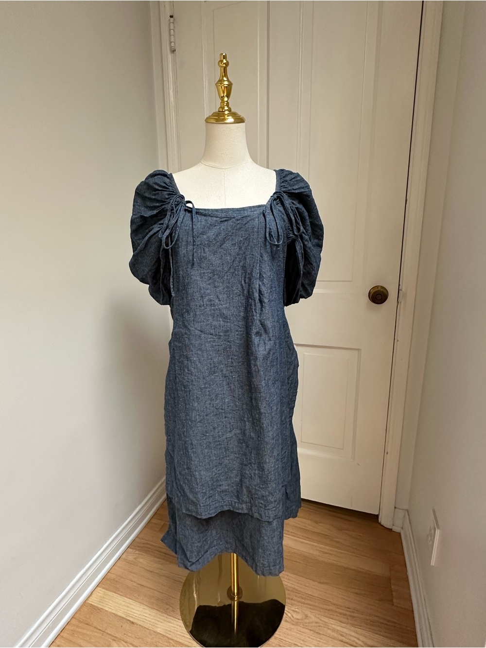 KAPITAL Japan Cotton-Linen Puff Sleeve Dress – Indigo Blue